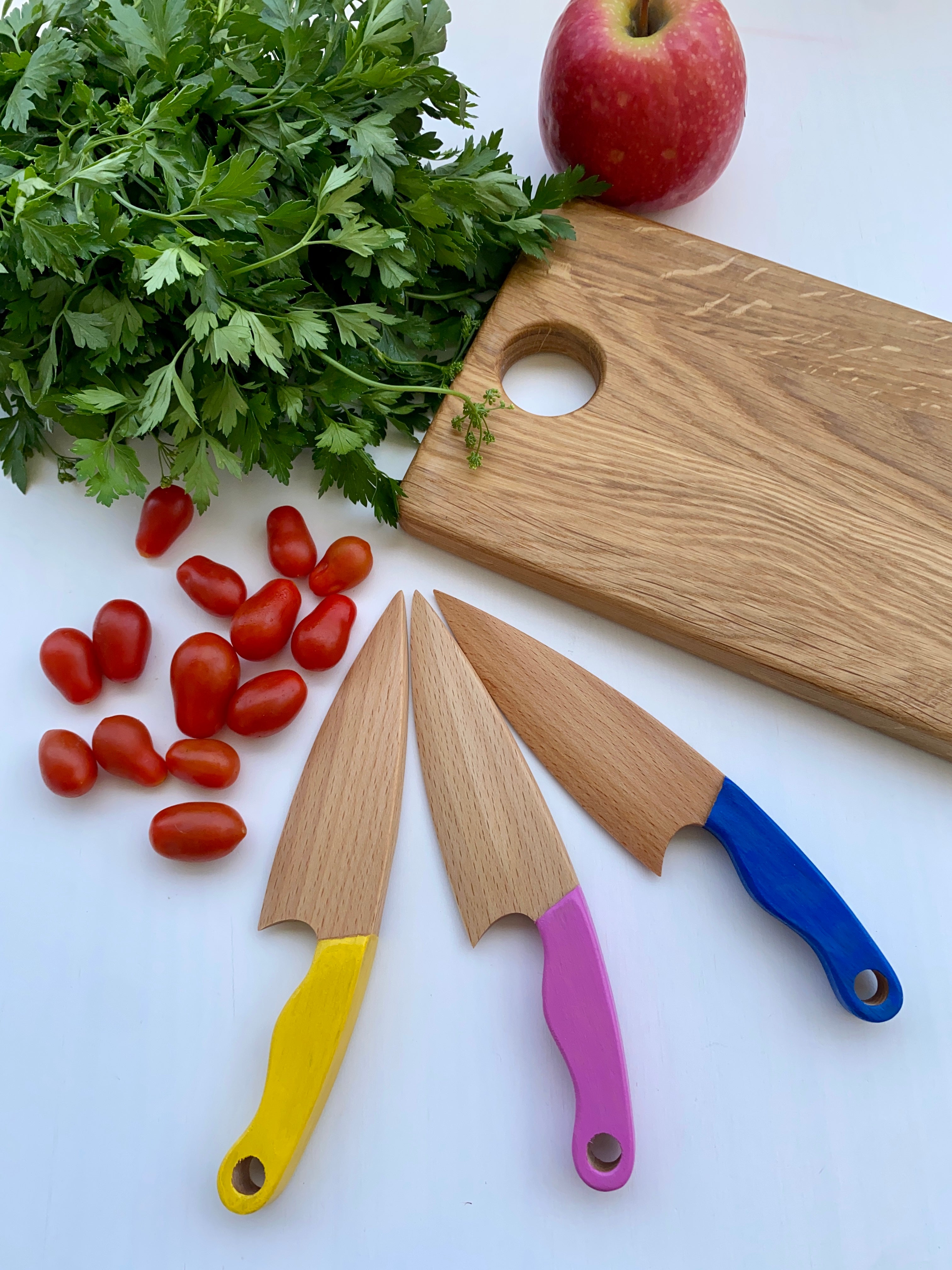 Cutting Board, Safe Wooden Knife, Butter Knife and Whisk for Kids SET, –  olivkawood