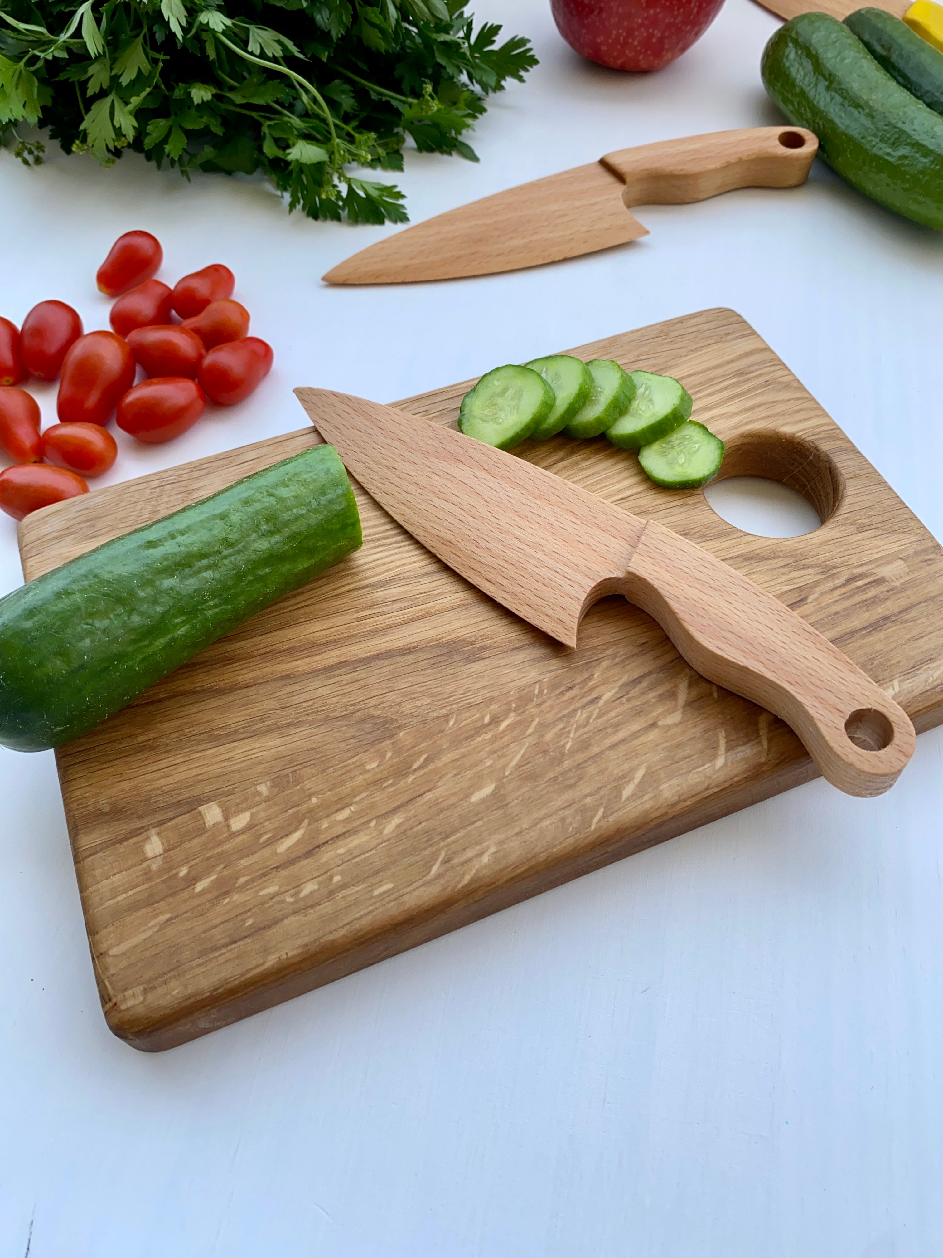 Cutting Board, Safe Wooden Knife, Butter Knife and Whisk for Kids SET,  Toddler Utensil Montessori Toy Knife, Wooden Chopper