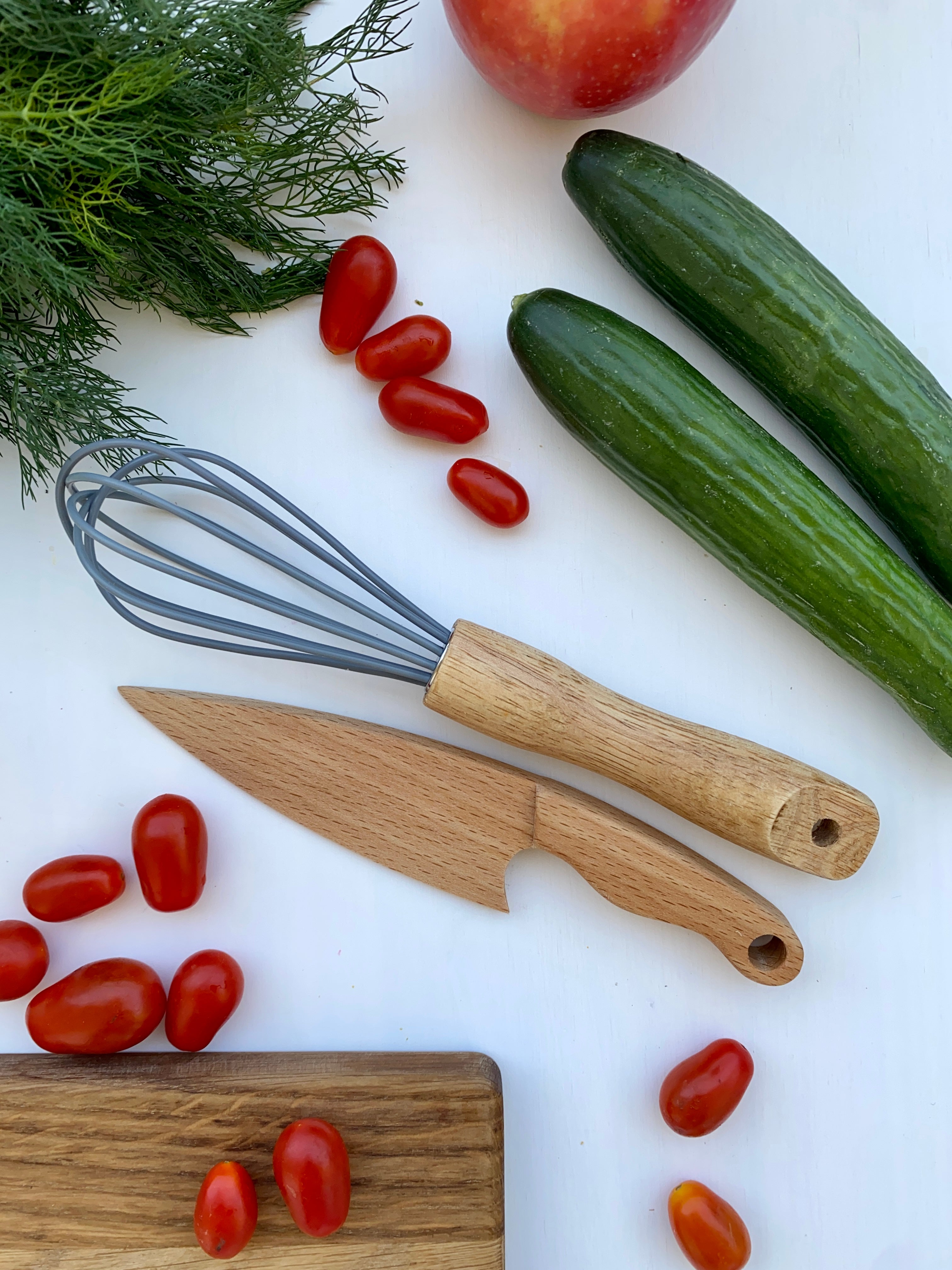 Cutting Board, Safe Wooden Knife, Butter Knife and Whisk for Kids