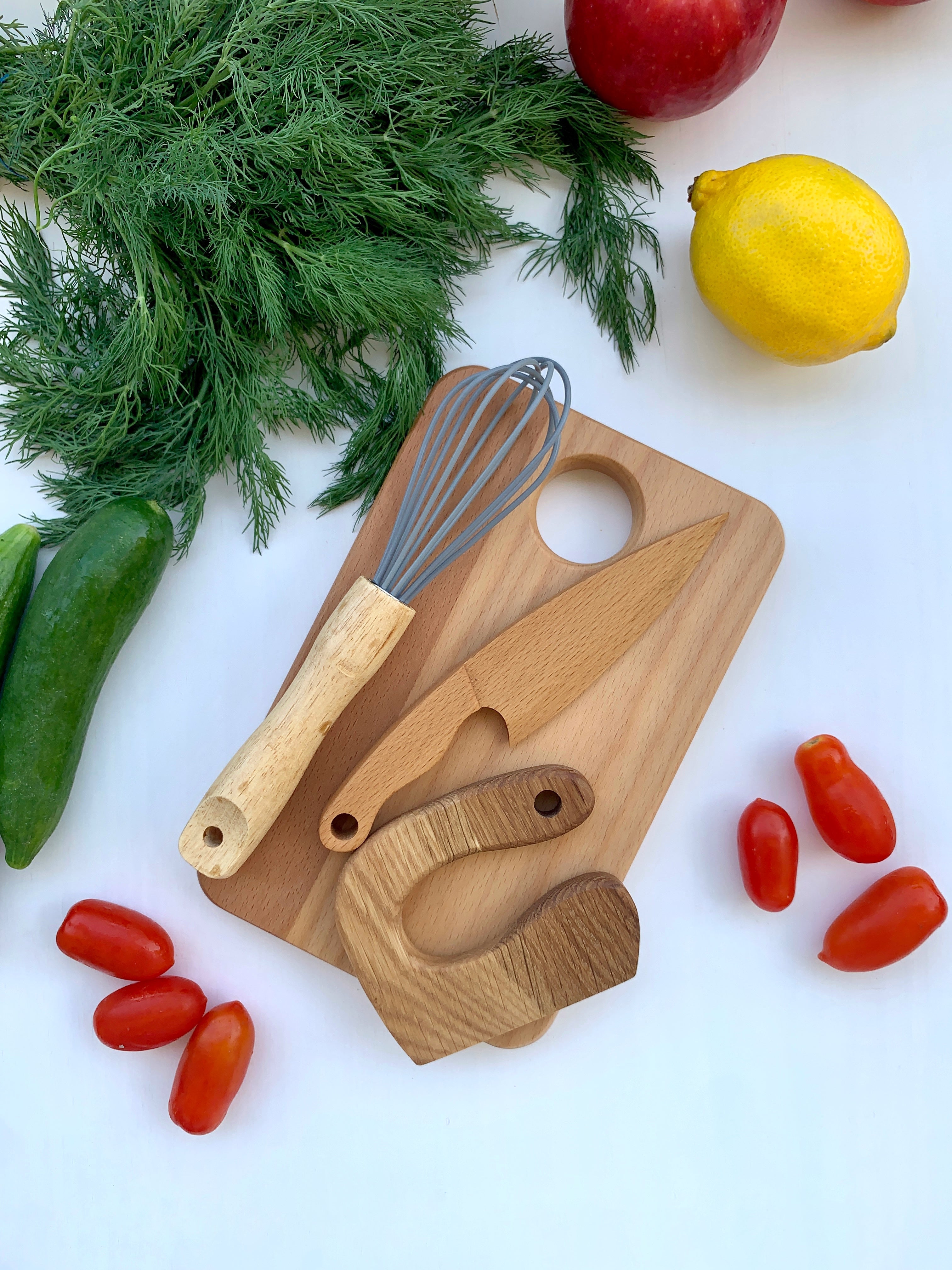Cutting Board, Safe Wooden Knife, Butter Knife and Whisk for Kids