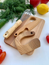 Load image into Gallery viewer, Cutting Board, Safe Wooden Knife, Butter Knife and Whisk for Kids SET, Toddler Utensil Montessori Toy Knife, Wooden Chopper