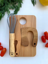 Load image into Gallery viewer, Cutting Board, Safe Wooden Knife, Butter Knife and Whisk for Kids SET, Toddler Utensil Montessori Toy Knife, Wooden Chopper