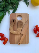 Load image into Gallery viewer, Cutting Board, Safe Wooden Knife and Butter Knife for Kids SET, Toddler Utensil Montessori Toy Knife, Wooden Chopper
