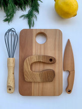 Load image into Gallery viewer, Cutting Board, Safe Wooden Knife, Butter Knife and Whisk for Kids SET, Toddler Utensil Montessori Toy Knife, Wooden Chopper