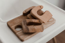Load image into Gallery viewer, Safe Wooden Knife for Kids and Cutting Board, Toddler Utensil Montessori Toy, Child Oak Chopping board and 3 Choppers Set
