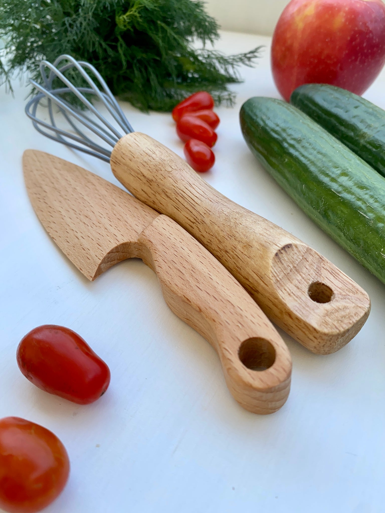 Safe Wooden Knife for Kids and Small Whisk set, Children's Utensil Mon –  olivkawood
